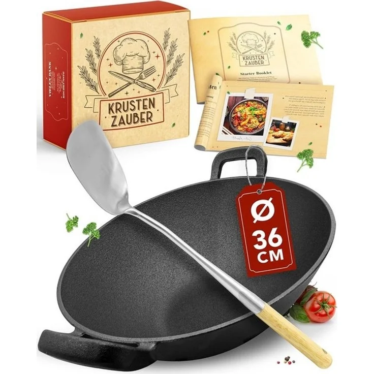 Krustenzauber Wok 30cm Wokpfanne Induktion voreingebrannt mit Wokwender und Wokring – Bild 4