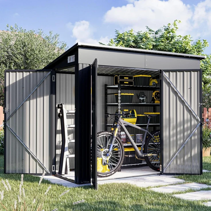 Aoxun Gartenhaus Metall 232x131x183cm mit 3 Türen & Pultdach, wetterfestes Fahrradgarage für bis 4 Fahrräder, Stabiler Geräteschuppen aus verzinktem Stahl für Garten Terrasse Hof, Schwarz – Bild 1