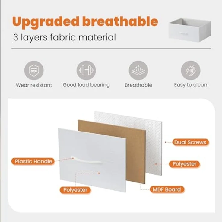 DUMOS Kommode für Schlafzimmer mit 2 Stoffschubladen, hohe Kommode Organizer für Kleidung, Schrank Kinderzimmer, Aufbewahrungsturm mit Schrank, Metallrahmen, Holzplatte, leichte Kinderzimmermöbel – Bild 6