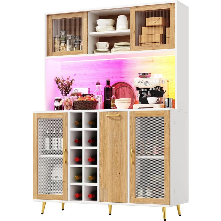 Seitenboard / Aufbewahrungsschrank / Multifunktions-Küchenschrank / Buffetschrank, 120x40x170cm, mit LED-Beleuchtung, Weinregal & Snackregal, 5 Türen, integrierte Steckdose, Weiß mit Holzoptik – Bild 10