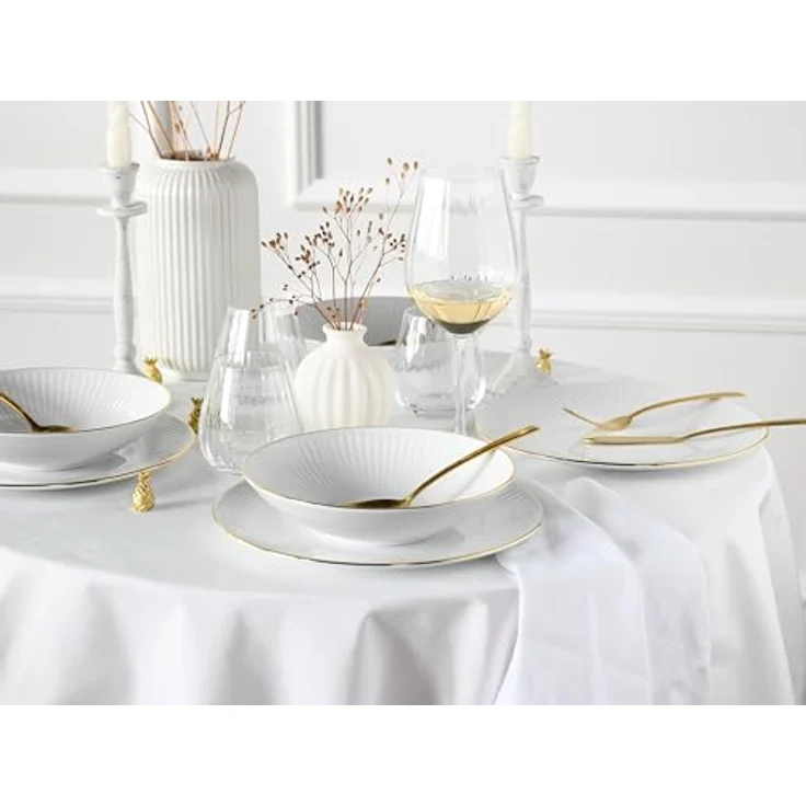 Creatable Tafelservice Valencia, 12-teiliges Geschirrset aus Keramik, Weiß und Gold, handbemalt, lebensmittelecht, stapelbar – Bild 4