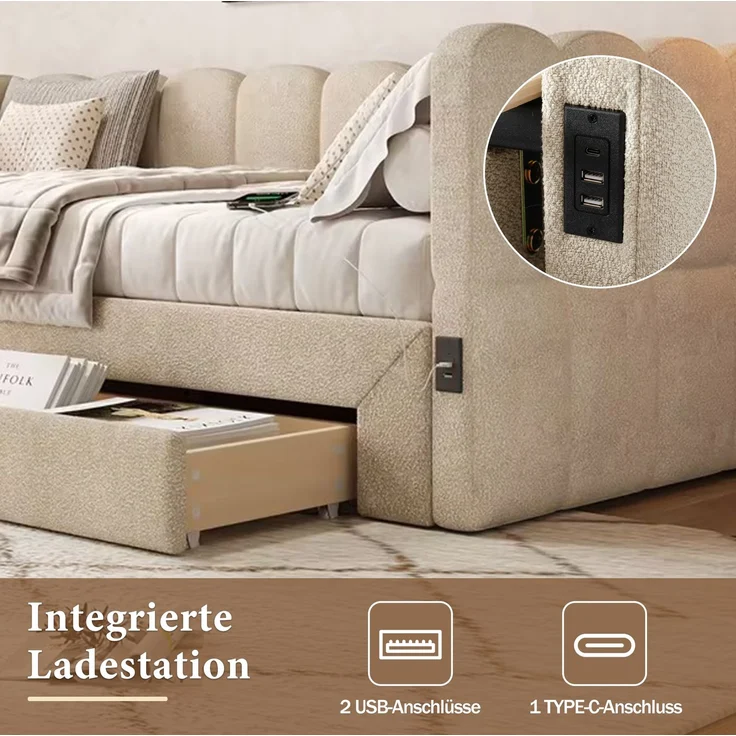 CHICFURN Bett aus Chenille Beige 90/180x190 cm ausziehbar mit 2 Schubladen und USB- und Type-C-Anschlüssen – Bild 4