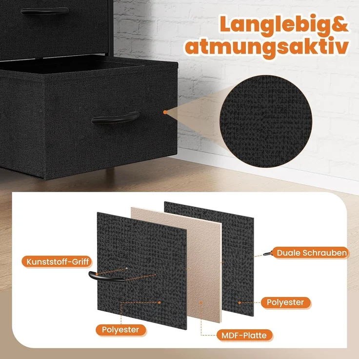 Sweetcrispy Kommode,Sideboard Wohnzimmer für Schlafzimmer mit 7 Stoffschubladen,Einstellbare Füße Schubladenschrank,Komodenschrank für Schlafzimmer,Klassisch Schwarz – Bild 5