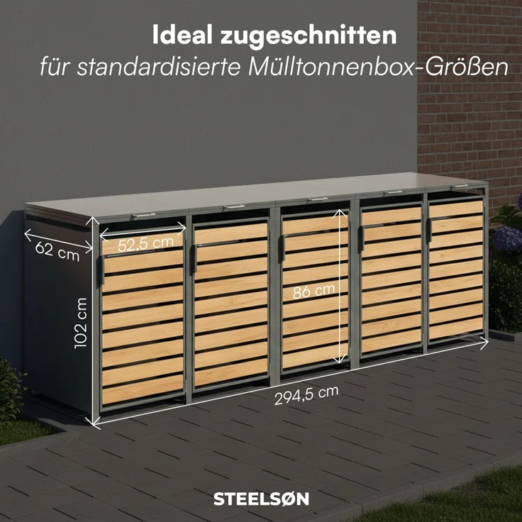 STEELSØN 'Kestra' Mülltonnenbox 5er je 120 Liter, anthrazit mit Holzoptik, Mülltonnenverkleidung aus Stahl, wetterfest, 102x62x294,5 cm, Müllbox für 5 Tonnen – Bild 6
