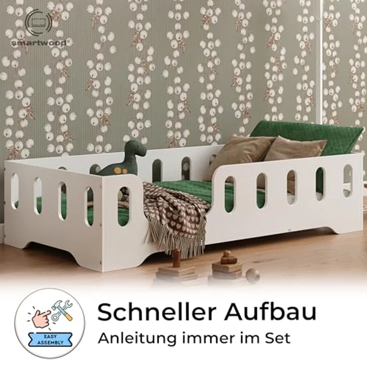 smartwood Kinderbett Bodenbett 90x200 mit Rausfallschutz & Lattenrost - Weiß - Kinder Montessori Bett TILA 2L mit glatten Kanten - Betten für schnelle Montage - Bis 230 kg belastbar – Bild 5