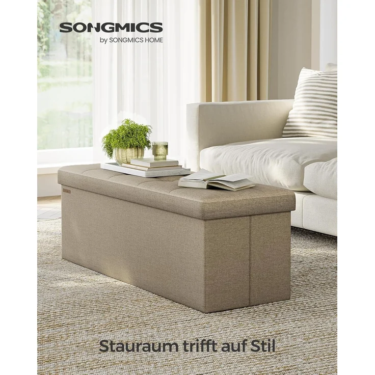 SONGMICS Sitzhocker mit Stauraum, klappbare Sitzbank, 38 x 110 x 38 cm Fußbank, Aufbewahrungsbox, bis 300 kg belastbar, für Wohnzimmer Schlafzimmer Flur, Kamelbraun LSF077R01 – Bild 4