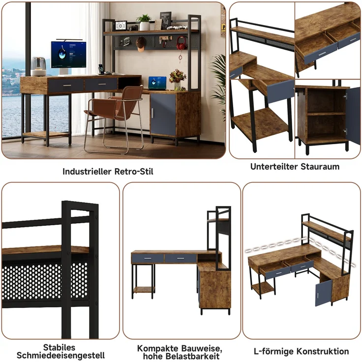 L-förmiger Schreibtisch mit Stauraum & Gitterrückwand, 140x140x135 cm, Schwarz/Naturholz – Bild 8