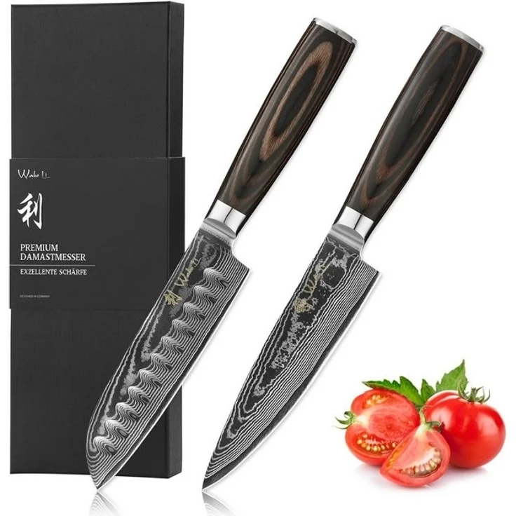 Wakoli Messer-Set EDIB Essentials 2er Damastmesser-Set I Küchenmesser I 12/13cm Klingen (Damastmesser mit Geschenkbox, 2-tlg, 2er Damastmesser-Set), VG10 Kern, 67 Lagen Damaststahl, Pakkaholzgriff, inkl. Geschenkbox – Bild 4