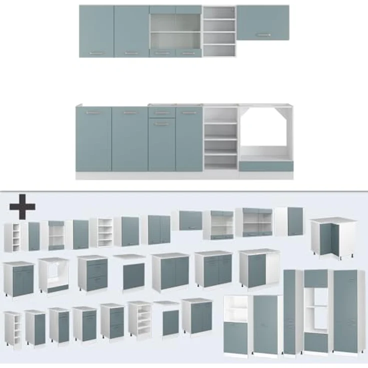 Vicco Küchenzeile R-Line, Blaugrau und Weiß, Rechteckig, 240x81.6x60 cm, Holzwerkstoff, Küchenblock ohne Geräte – Bild 8