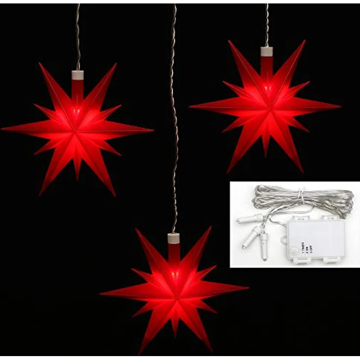 ***3er Set Weihnachtssterne aus Kunststoff in rot, inkl. LED Beleuchtung und 6h Timer, für Batteriebetrieb, für Innen und Außen geeignet. Maße je Stern L/B/H: 13,5 x 5,5 x 12 cm. – Bild 2