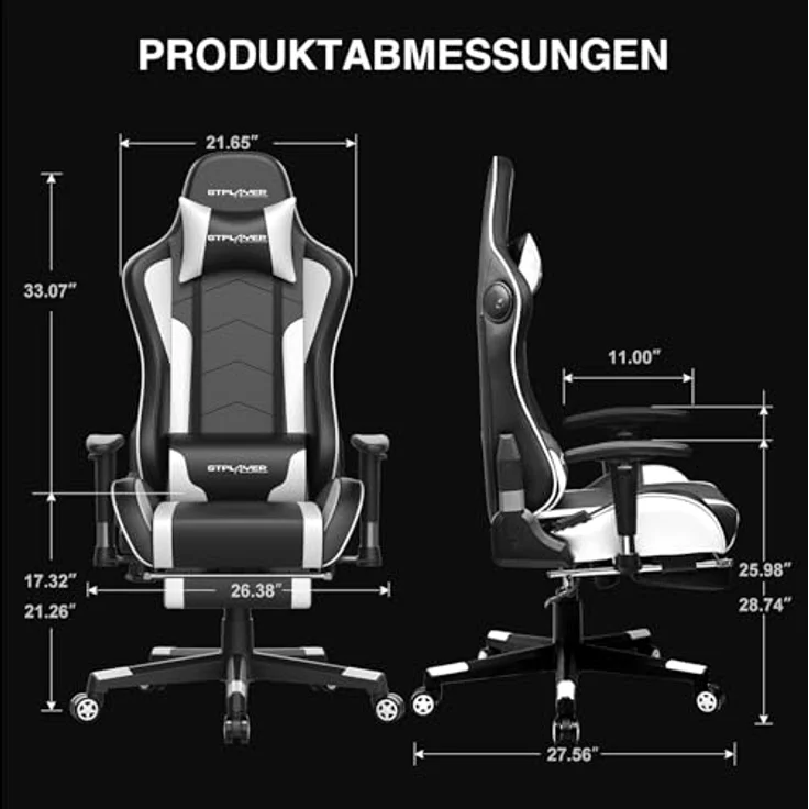 GTPLAYER Gaming Stuhl Gamer Stuhl mit Fußstütze Bluetooth Lautsprecher Ergonomischer Bürostuhl Computerstuhl Schreibtischstuhl PC Stuhl mit verstellbare Rückenlehne 150 kg Belastbarkeit weiß – Bild 3
