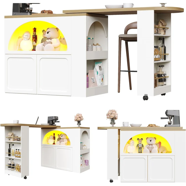 Merax Ausziehbarer Bartisch mit Stauraum(135-205×39×100cm) , Moderner Beweglicher Bar Table, Teleskopischer Bartisch mit LED Hochtisch Kücheninsel, Weiß – Bild 10