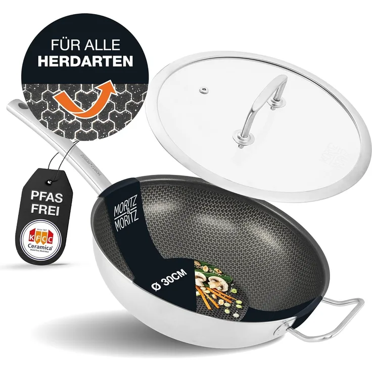 Moritz & Moritz Wok Wokpfanne 30cm mit Deckel, Edelstahl (Set), Antihaft