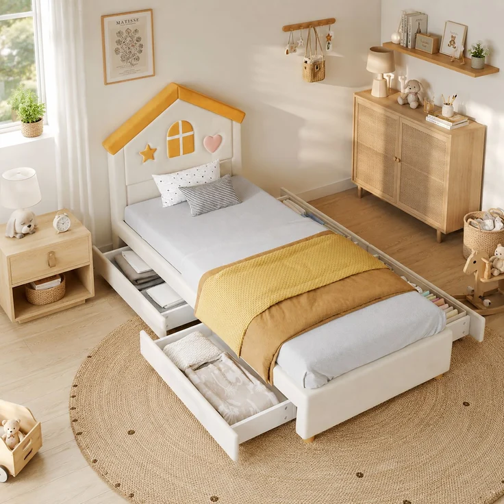 Merax Kinderbett, 90x200 cm, Polsterbett, mit 4 Schubladen, Stauraumbett für Kinderzimmer, Jugendbett mit französischem Samt, gepolstertes Bett mit Haus-Kopfteil, Beige – Bild 1