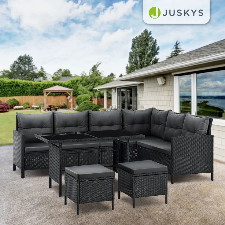 Juskys 'Manacor' Lounge mit Sofa, Tisch, 2 Hocker & Kissen, Polyrattan schwarz-grau, 7 Personen – Bild 7