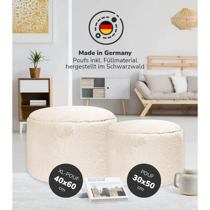 mokebo Pouf Der Flauschige (rund und aus Kunstfell), kuscheliger Sitz-Hocker, Fußhocker oder Hocker in Felloptik in Beige – Bild 2