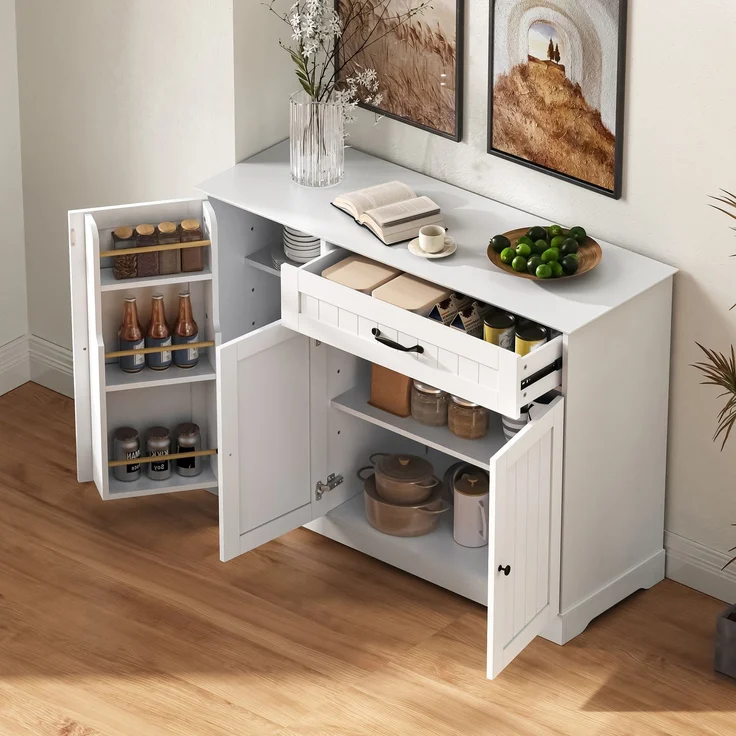 Modernes, elegantes Sideboard mit 3 Türen und einer Schublade, Buffetschrank für Esszimmer, Wohnzimmer und Diele (Weiß) – Bild 3