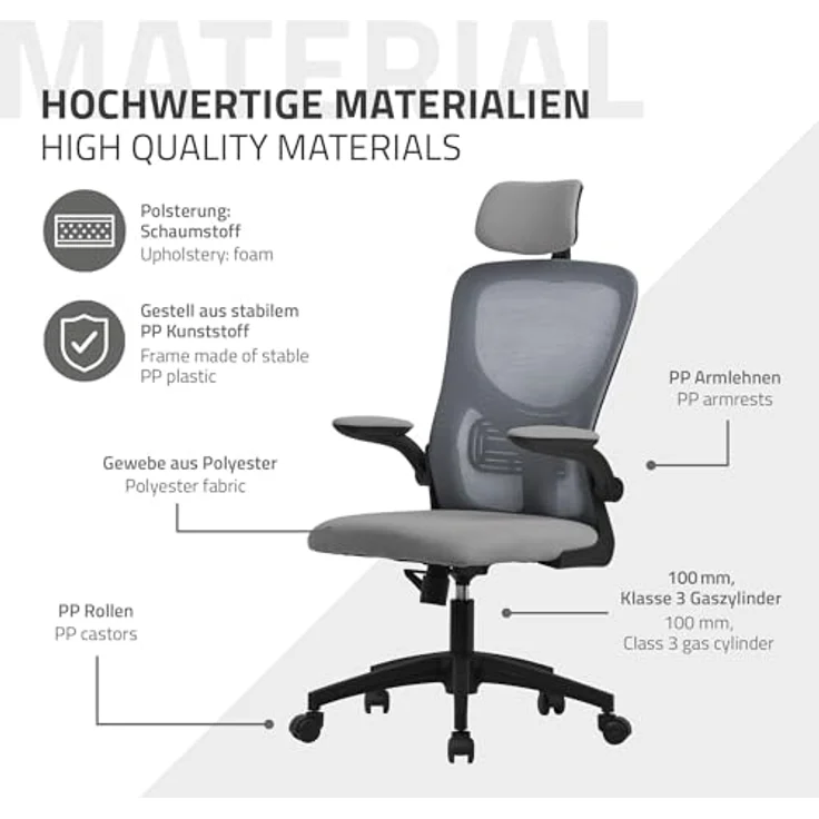 ML-DESIGN Ergonomischer Schreibtischstuhl, Grau, 1-Sitzer mit Netzrücken, 60.5x121x60 cm, ideal für Arbeitszimmer und Büros – Bild 7