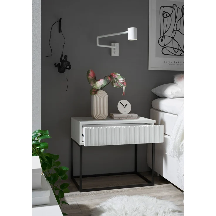 MARLE Nachttisch in Weiß - Moderner Nachtschrank mit Schublade und schwarzem Metallgestell - 60 x 52 x 38,5 cm (B/H/T) – Bild 3