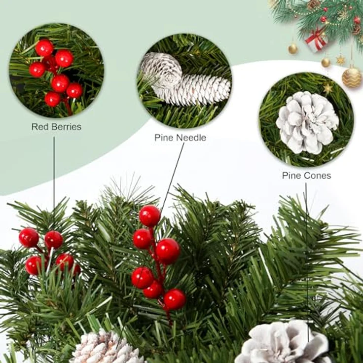Weihnachtsgirlande 220cm, Uten Tannengirlande mit Tannenzapfen und rote Beeren Weihnachtsdeko für Outdoor, Treppe, Tür, Kamin – Bild 2