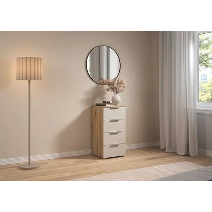 Rauch Möbel Alabama, Kommode für Schlafzimmer, Kinderzimmer, Garderobe, Flur, mit 4 Schubladen, Soft-Close-Funktion, Farbe Beige/Eiche Artisan, Holz, Griff Alufarben, Maße 40x81x42cm – Bild 2