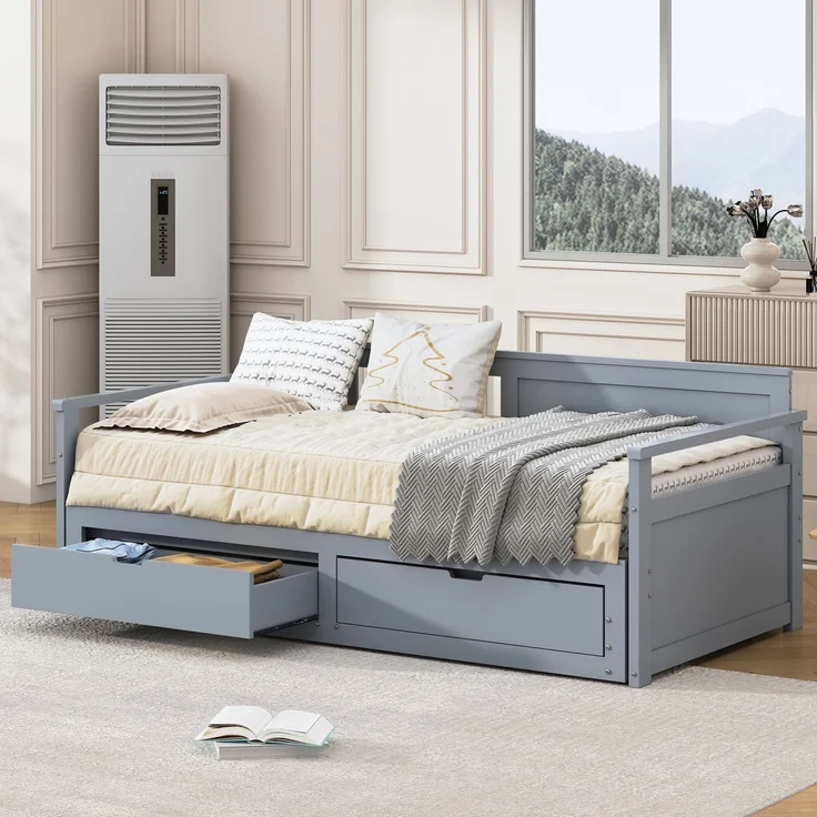 Novelux Multifunktionales Tagesbett 90x190 ausziehbar auf Doppelbett 180x190 mit Schubladen – Massivholz Kiefer Grau, Platzsparendes Gästebett & Kinderbett – Bild 5