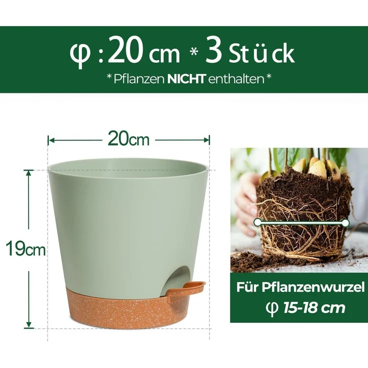 T4U 20cm Kunststoff Blumentopf Selbstbewässerung 3er-Set für Pflanzen Grün – Bild 2