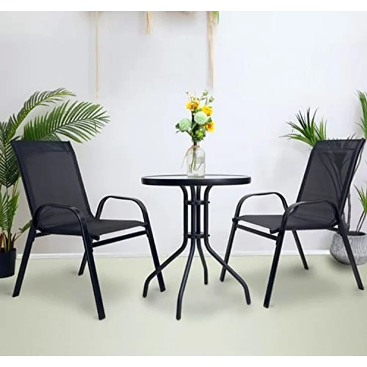 Bistro-Set 3-teilig Balkonmöbel-Set Tarassentisch Rund Gartenstühle Hochlehner Stapelbar Gehärtetes Glas Metal Wetterfest 23461 – Bild 3