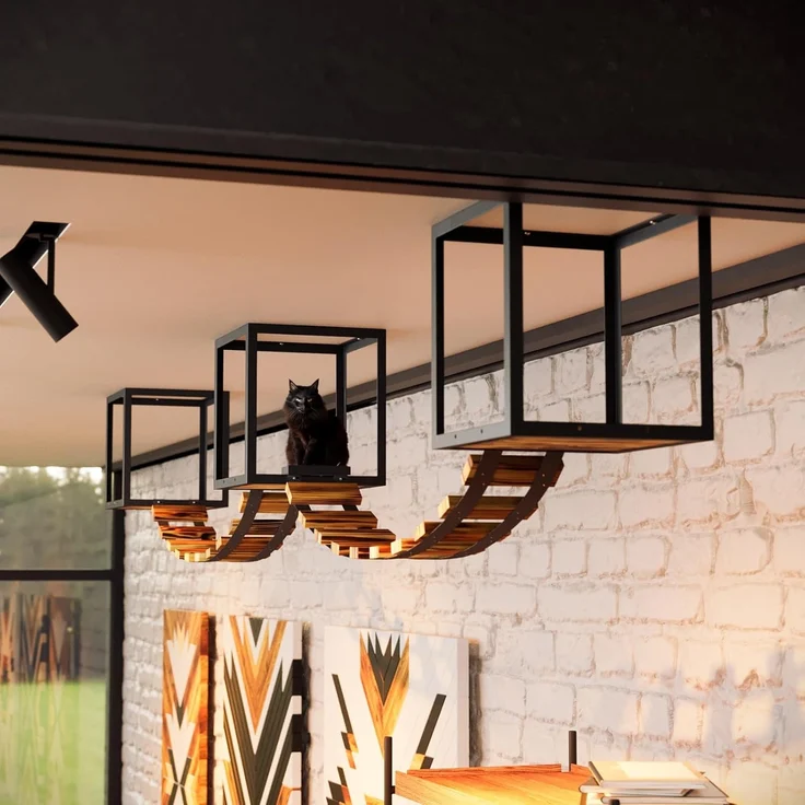 QLS Katzen-Kletterwand LOFT Deckenmontage, Set Aus Metall pulverbeschichtet und Holz Geflammt 5 Teilig – Bild 3