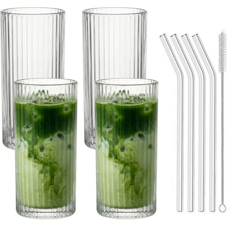 mixed24 Gläser-Set 4er Set Geriffelte Gläser 370ml inkl. Glashalm, ideal für Iced Matcha Latte, Latte Macchiato, Cocktails, Smoothies – Bild 4