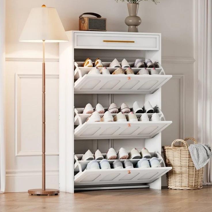 REDOM Schuhschrank Unsichtbarer Stauraum für Schuhe & mehr (nur 25 cm tief) (Packung, 1-St, Ideal als Schuhregal oder vielseitiger Organizer für diverse Räume) In Weiß, 70 cm breit, mit 6 offenen Fächern und einer Schublade – Bild 2
