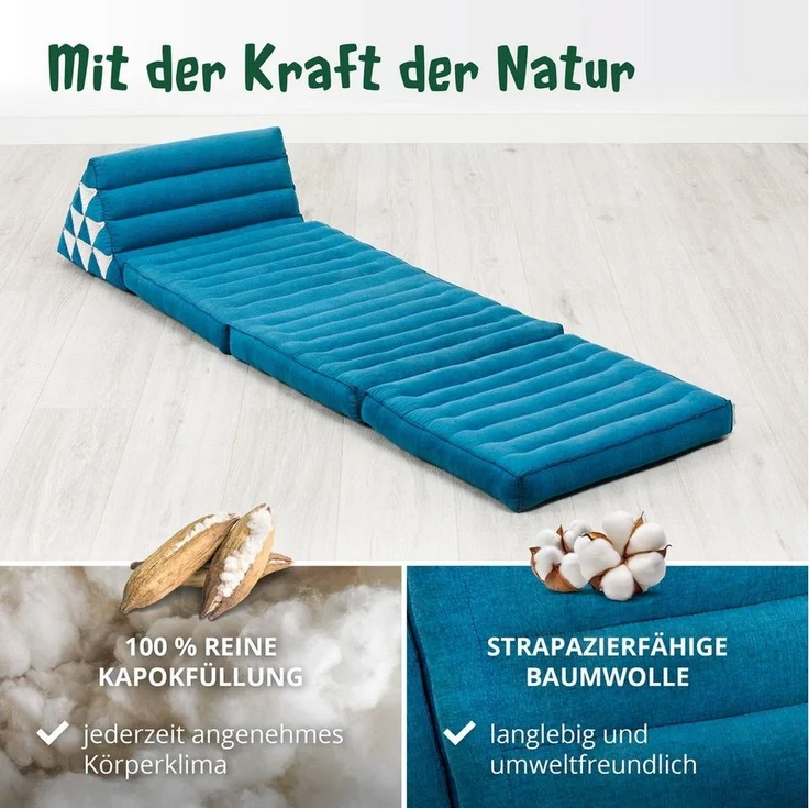 livasia Sitzsack Thaikissen 3 Auflagen (Basic) vegan und handgefertigt, 175 x 50 x 8 cm, Kapok – Bild 3