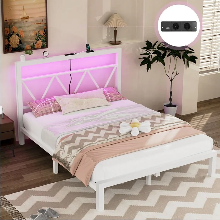 oyajia Metallbett Bettgestell mit LED-Beleuchtung, 90x200/140x200/160x200cm (mit aufladen USB Ladefunktion Kopfteil, 2AC + USB & TYPE-C,Minimalistischer), Ohne Matratze, Reichweite Speicher, Weiß – Bild 2