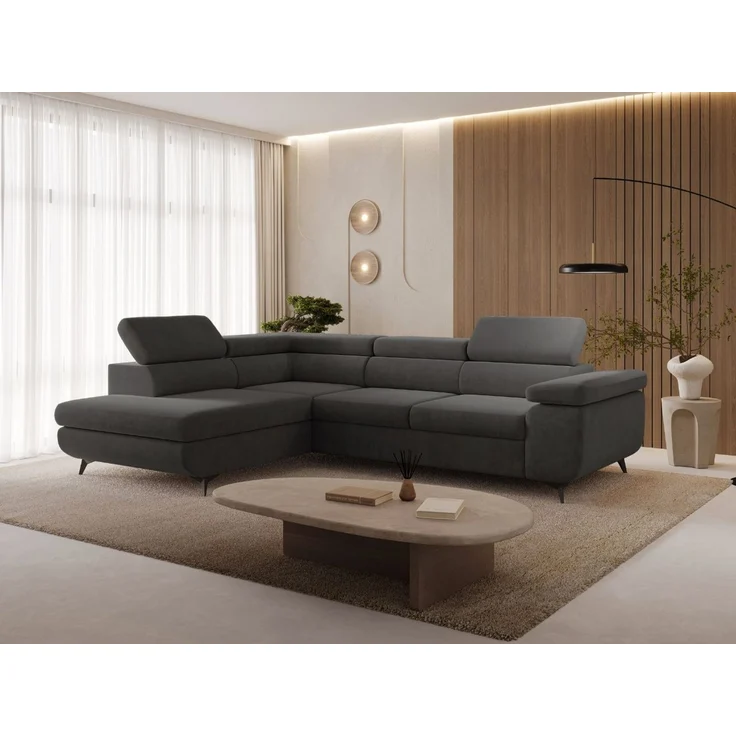 GRAINGOLD Ecksofa mit Bettfunktion, Bettkasten, Einstellbaren Kopfstützen, Velvet-Stoff, Dunkelgrau, Links – Bild 3
