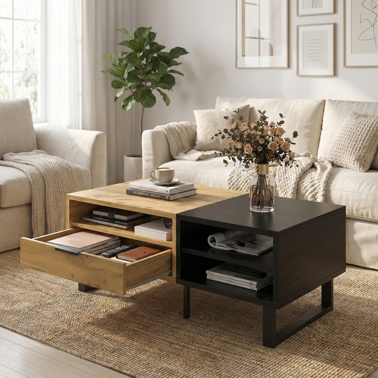 LVHOM Couchtisch Holz mit Fächern und Schubladen, Wohnzimmertisch Scandi, Schwarz/Eiche, 100x50x40 cm