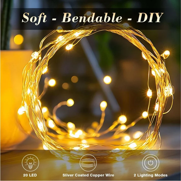 LQWELL LED-Lichterkette 2/3/5/10M, Micro Lichterketten Batteriebetrieben,Kupferdraht, AA-Batterie, Warmweiß, 2 Modi für Weihnachten Hochzeit Party Wohndeko – Bild 2