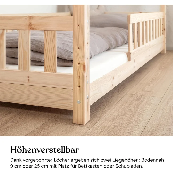 Ehrenkind® Hausbett | Kinderbett mit abnehmbaren Rausfallschutz aus Massivholz FSC zertifziert inkl. Lattenrost | Hausbett 90x200 | Kinderbett 90x200 Natur – Bild 5