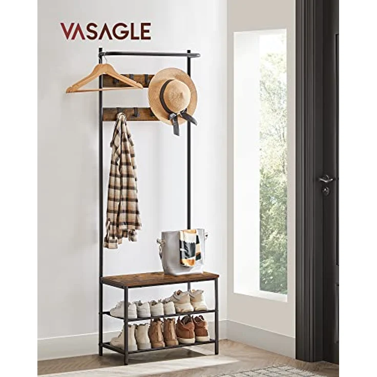 Vasagle Garderobenständer mit 9 abnehmbaren Haken und Sitzbank, Holzwerkstoff vintagebraun / schwarz, 32,2 x 64 x 180 cm – Bild 3