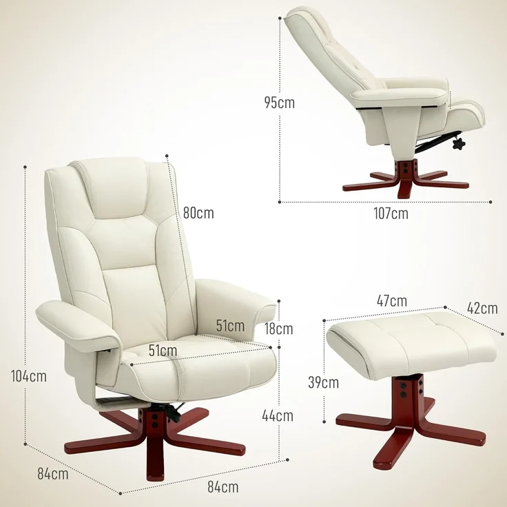 HOMCOM Relaxsessel mit Hocker, Liegefunktion, Wippfunktion (Gepolstert Liegesessel, 2-St, TV-Sessel), bis 150 kg, für Wohnzimmer, Kunstleder, Cremeweiß – Bild 3