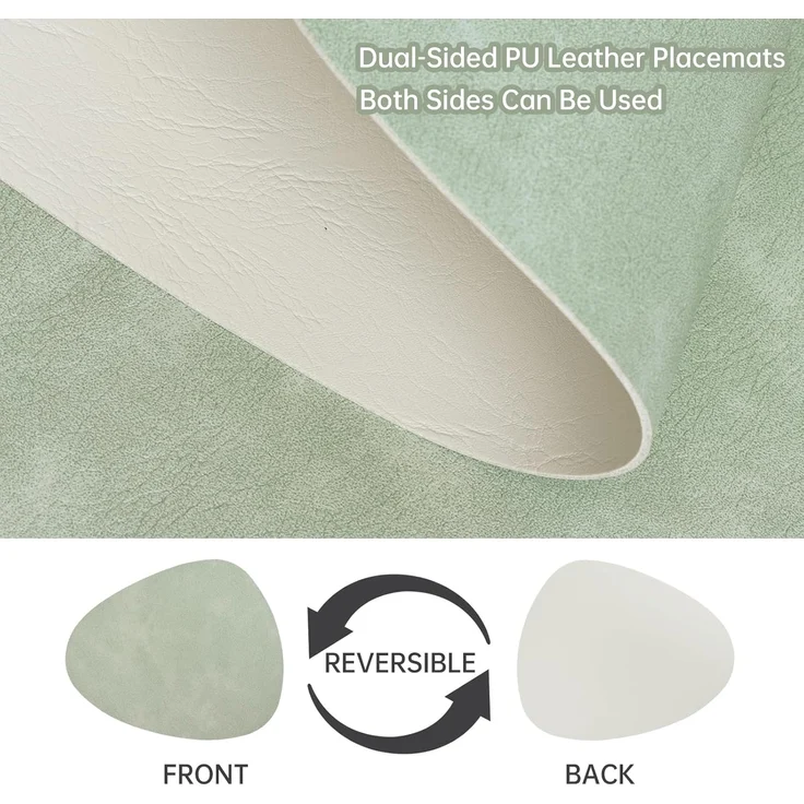 ABC 6-teiliges Set runder Tischsets aus PVC-Leder, doppelseitig, wasserdicht, abwaschbar, rutschfest, hitzebeständig, grün und elfenbein – Bild 2