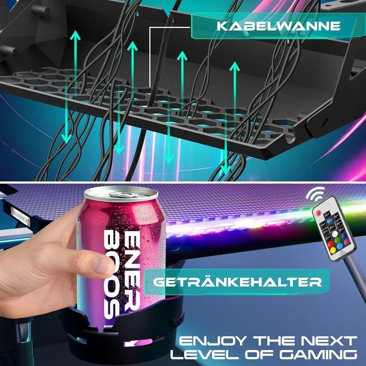 KESSER® Gaming Tisch LED, Z-Form Gamer Schreibtisch, Kopfhörerhaken & Kohlebeschichtung, Ergonomischer PC Computertisch, Stabiler Tisch mit Mauspad & Getränkehalter Schwarz Carbon mit LED, 140 x 60 cm – Bild 7