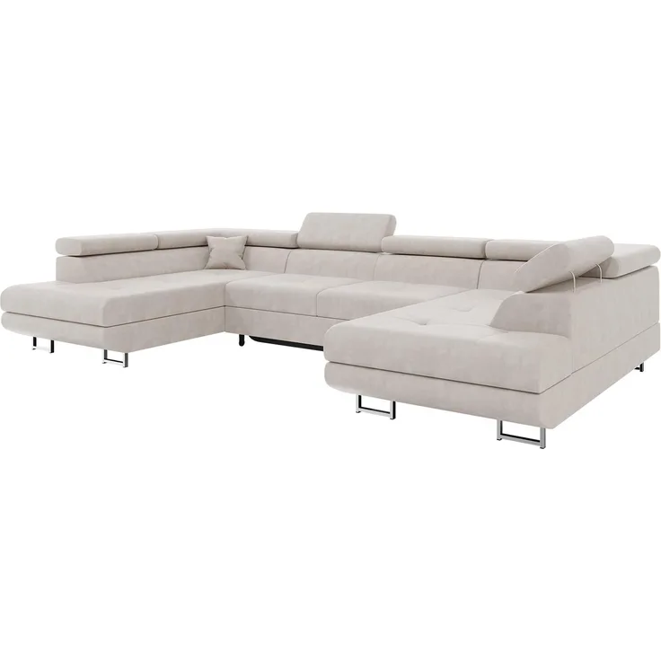 MEBLINI Schlafcouch mit Bettkasten - CARL - 338x203x55cm - Beige Samt - Ecksofa mit Schlaffunktion - Sofa mit Relaxfunktion und Kopfstützen - Couch U-Form - Eckcouch - Wohnlandschaft