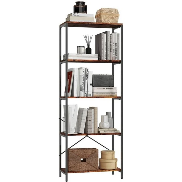 HOMCOM Bücherregal, Standregal mit 5 Ebenen, Industrielles Büroregal mit Metallrahmen, offenes Aufbewahrungsregal für Wohnzimmer, Büro, Arbeitszimmer, 79x35x161 cm, Rustikal-Braun – Bild 4
