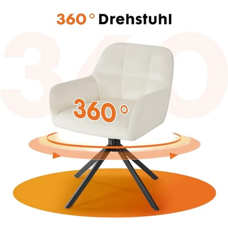 Sweetcrispy Esszimmerstuhl, 360° Drehstuhl Esszimmer, Küchenstuhl, Samt Schminktisch Stuhl, bis 120 kg belastbar, Sessel mit Armlehnen Stahlbeine, Schreibtischstuhl für Arbeitszimmer, Beige – Bild 7