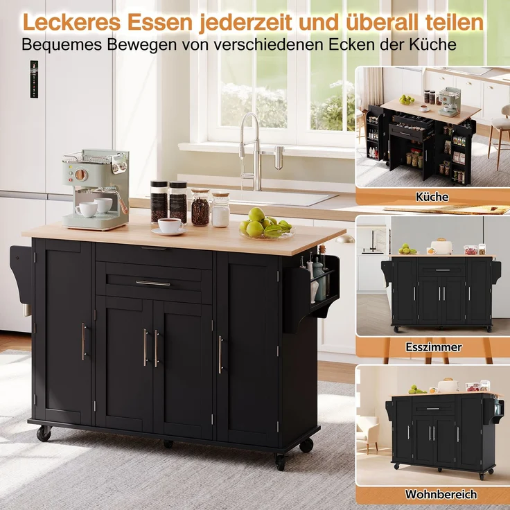 120×45cm,mobile Kücheninsel,Küchenwagen,ausziehbare Arbeitsplatte bis 70cm,verdeckte Besteckschublade,verstellbare Einlegeböden,Gewürzregal und Handtuchhalter,geeignet für Küche,Esszimmer oder Wohnzim – Bild 6