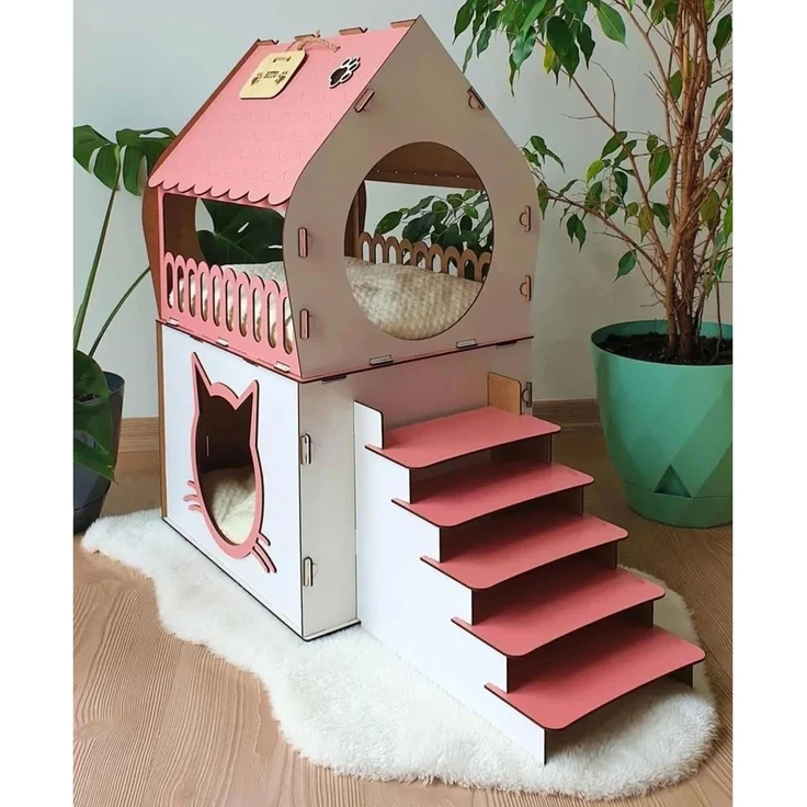 Jungengel Tierhaus XL Katzenhütte Katzenhaus Rosa Pink Holz Katzenhöhle Katzenbett, XL 65×70×30 cm, Einfache Montage mit Anleitung, Robust & Hingucker! – Bild 9