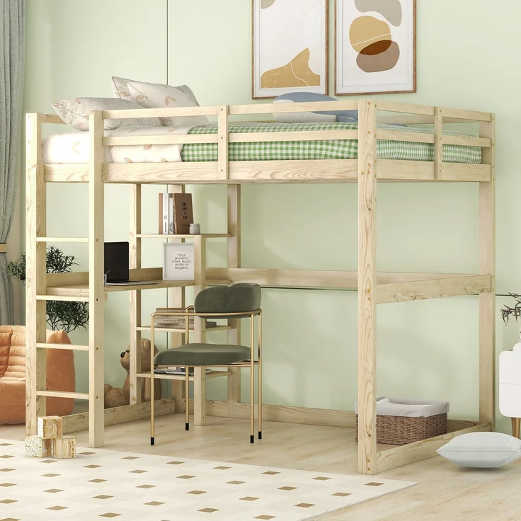 Hochbett 140x200 cm mit Schreibtisch und 4 Ablagefächern, Kinderbett Doppelbett aus massivem Kiefernholz,mit Stauraum,Natur – Bild 2
