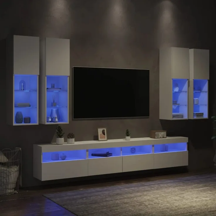 vidaXL 7-tlg. TV-Wohnwand mit LED-Leuchten Weiß 3216771