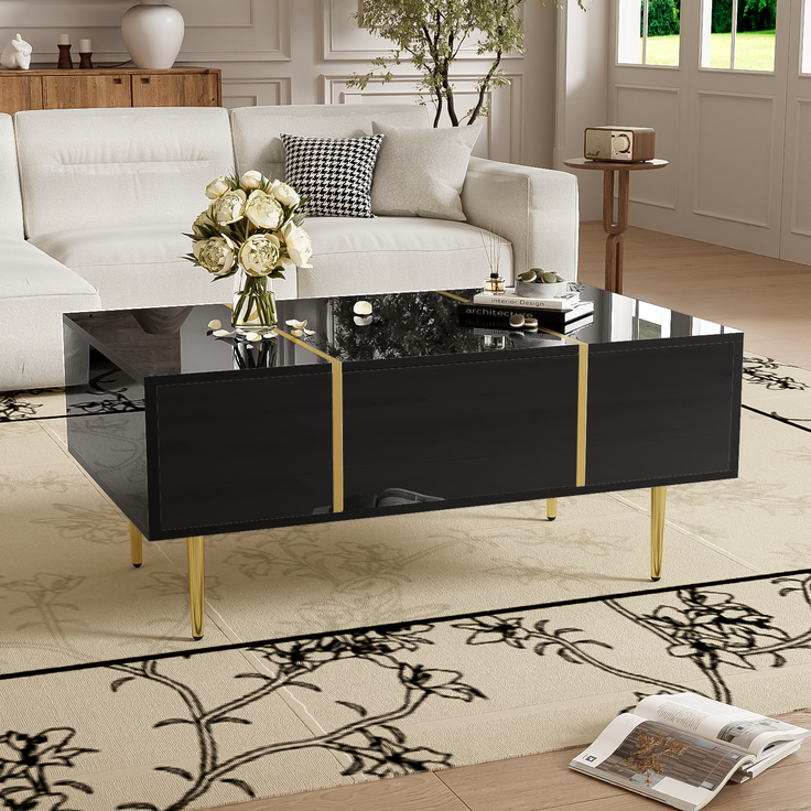 Couchtisch Schwarz Hochglanz mit Gold Akzenten,Sofatisch mit 2 Schubladen Stauraum – Bild 4