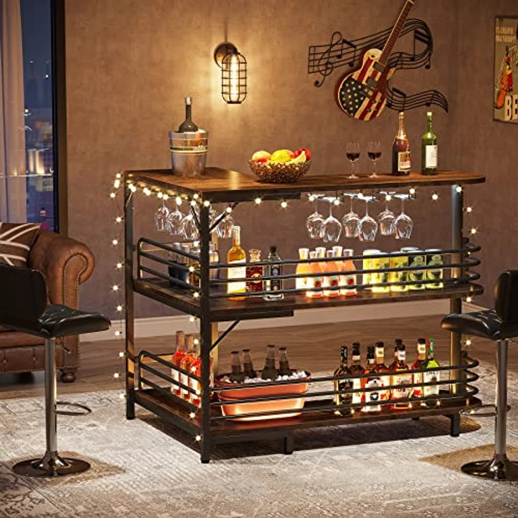 LITTLE TREE L-förmige Bar mit 3 Etagen, Likör-Bartisch, Eck-Wein-Barschrank, Mini-Bars für Zuhause, Küche, Pub, rustikales Braun – Bild 5
